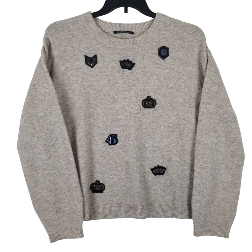 Luisa‎ Cerano Wool Alpaca Blend Crown Patch Sweater Oatmeal Heather Womens Sz 10
